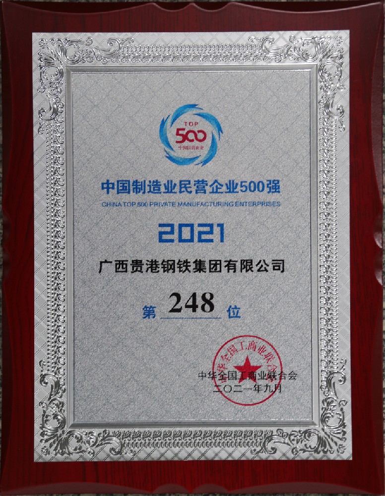 2021年中國(country)制造業民營企業500強第248位.JPG